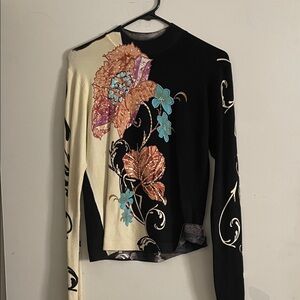 Floral Patterned Black and Cream Sweater